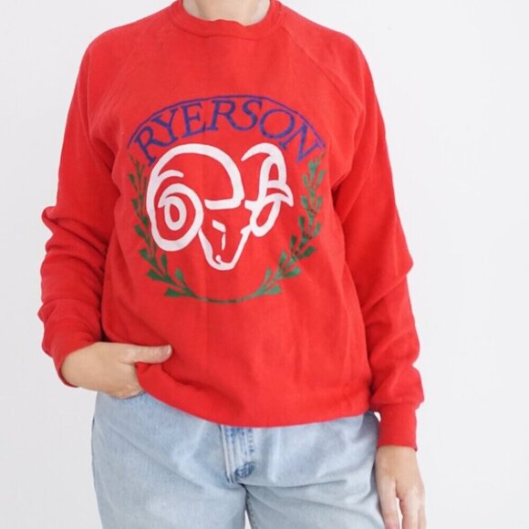 Vintage 90's Red Ryerson University Collegiate Rams Cotton Crewneck Sweater L - Picture 1 of 12